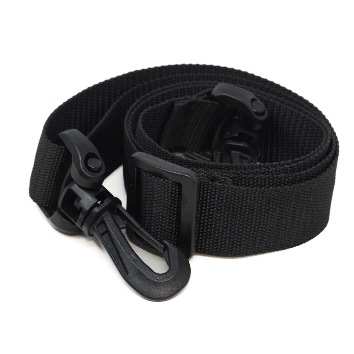Black belt with a carabiner clip on a white background