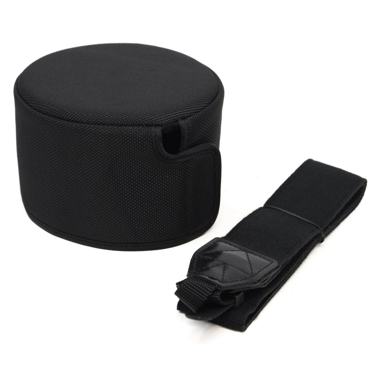 Black cylindrical pouch with a strap on a white background