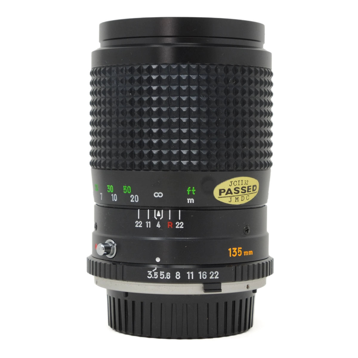 Camera lens with focus and aperture indicators on a white background