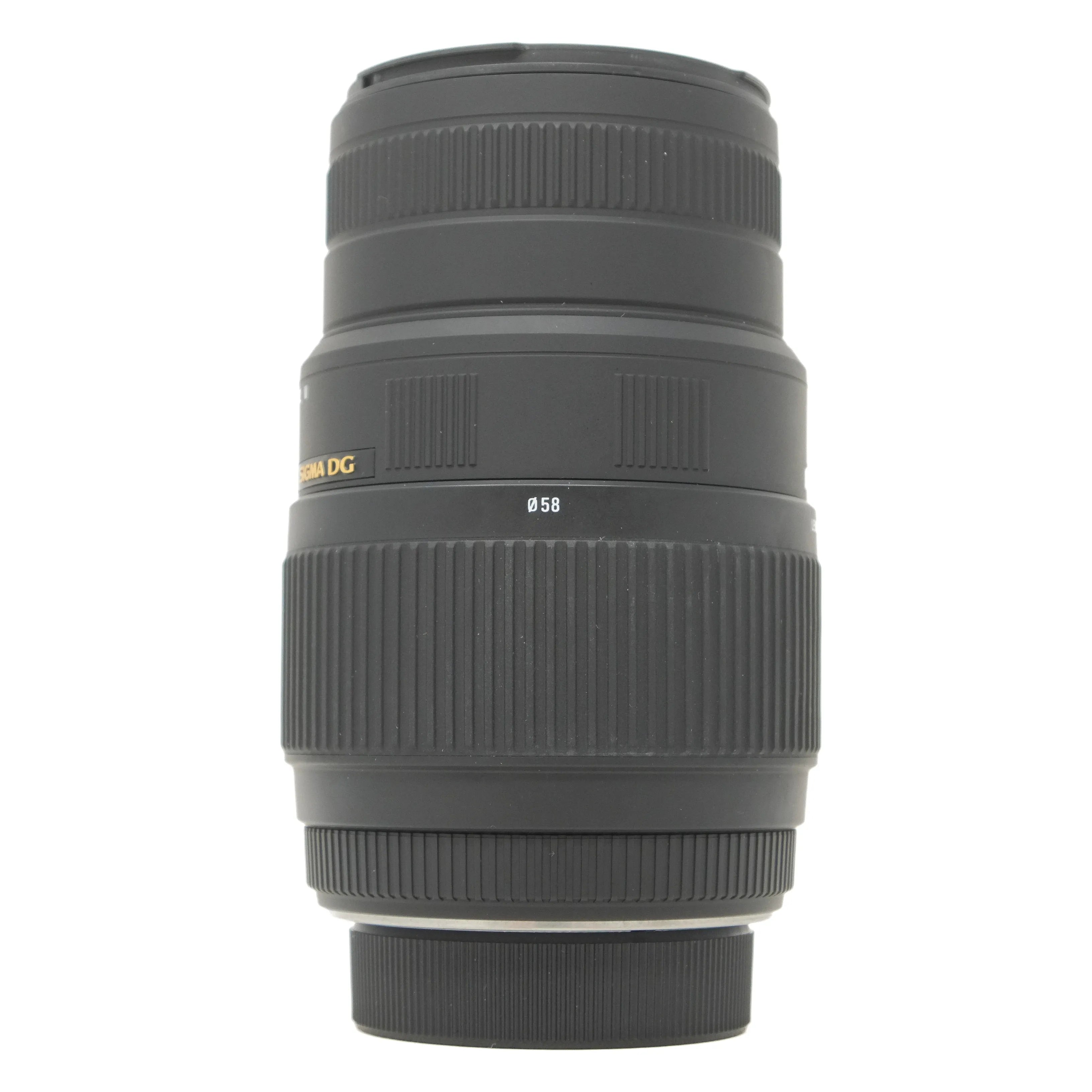 Camera lens with brand name on a white background