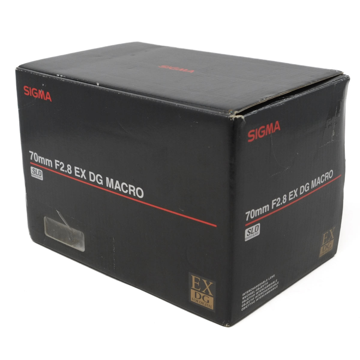 Black box packaging for Sigma 70mm F2.8 EX DG Macro lens on a white background