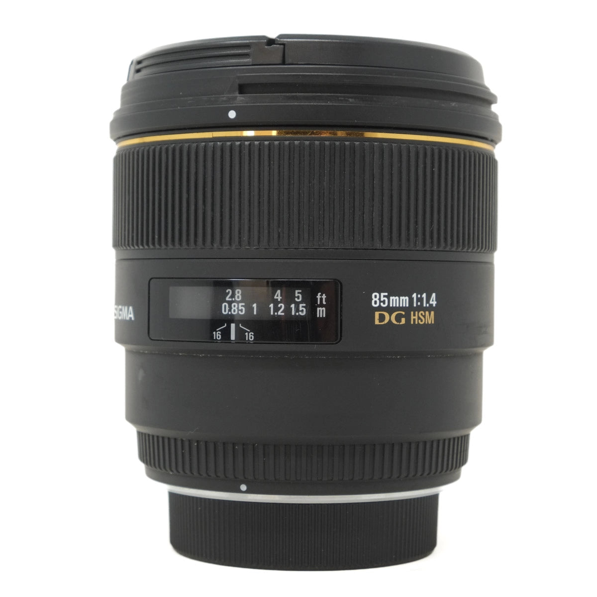 Camera lens with focus scale and specifications on a white background