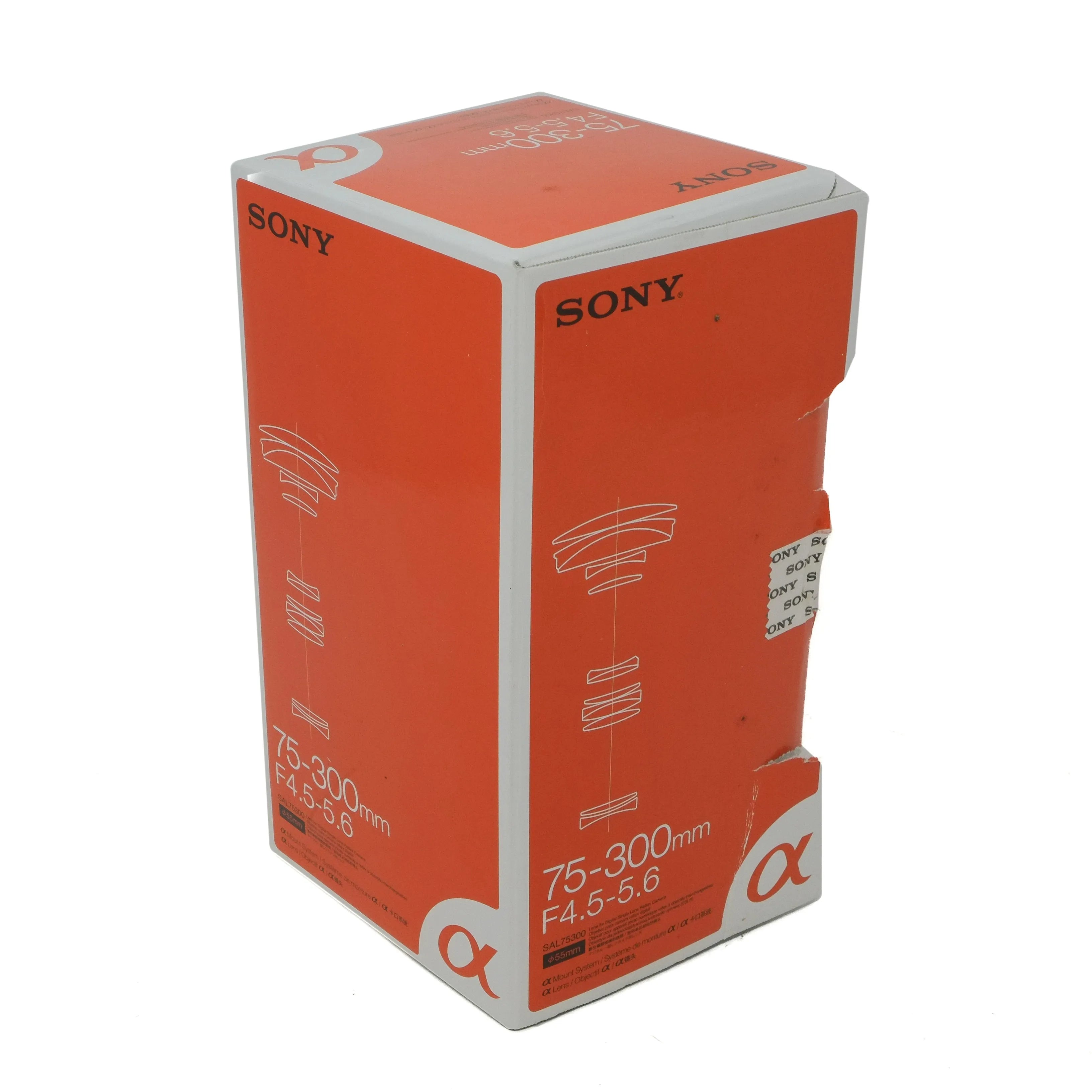 Sony camera lens packaging box on a white background