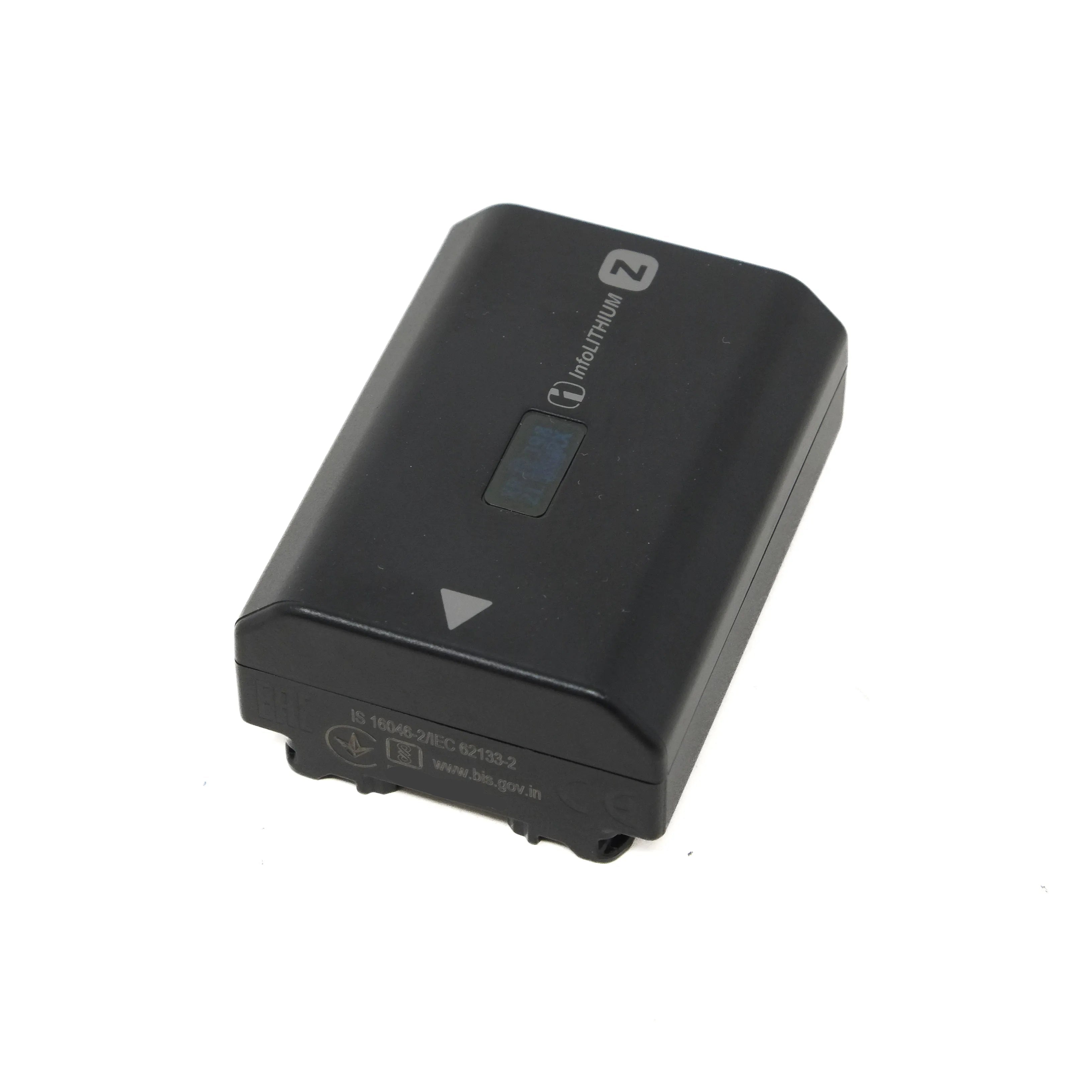 Black camera battery with a brand logo on a white background