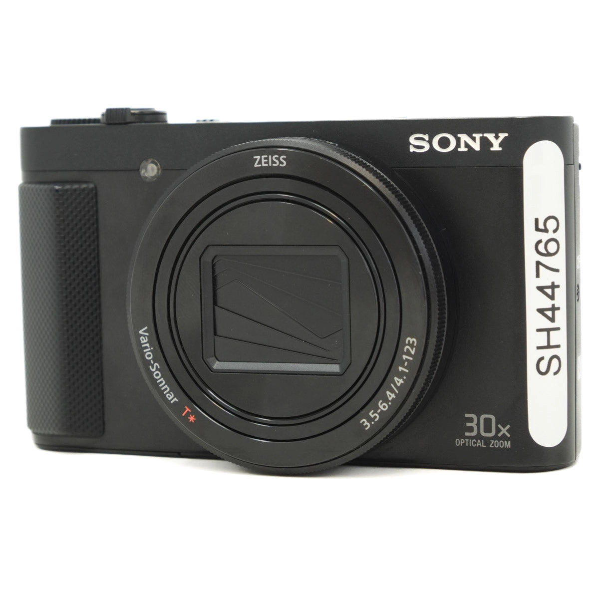 Black Sony camera with Zeiss lens on a white background