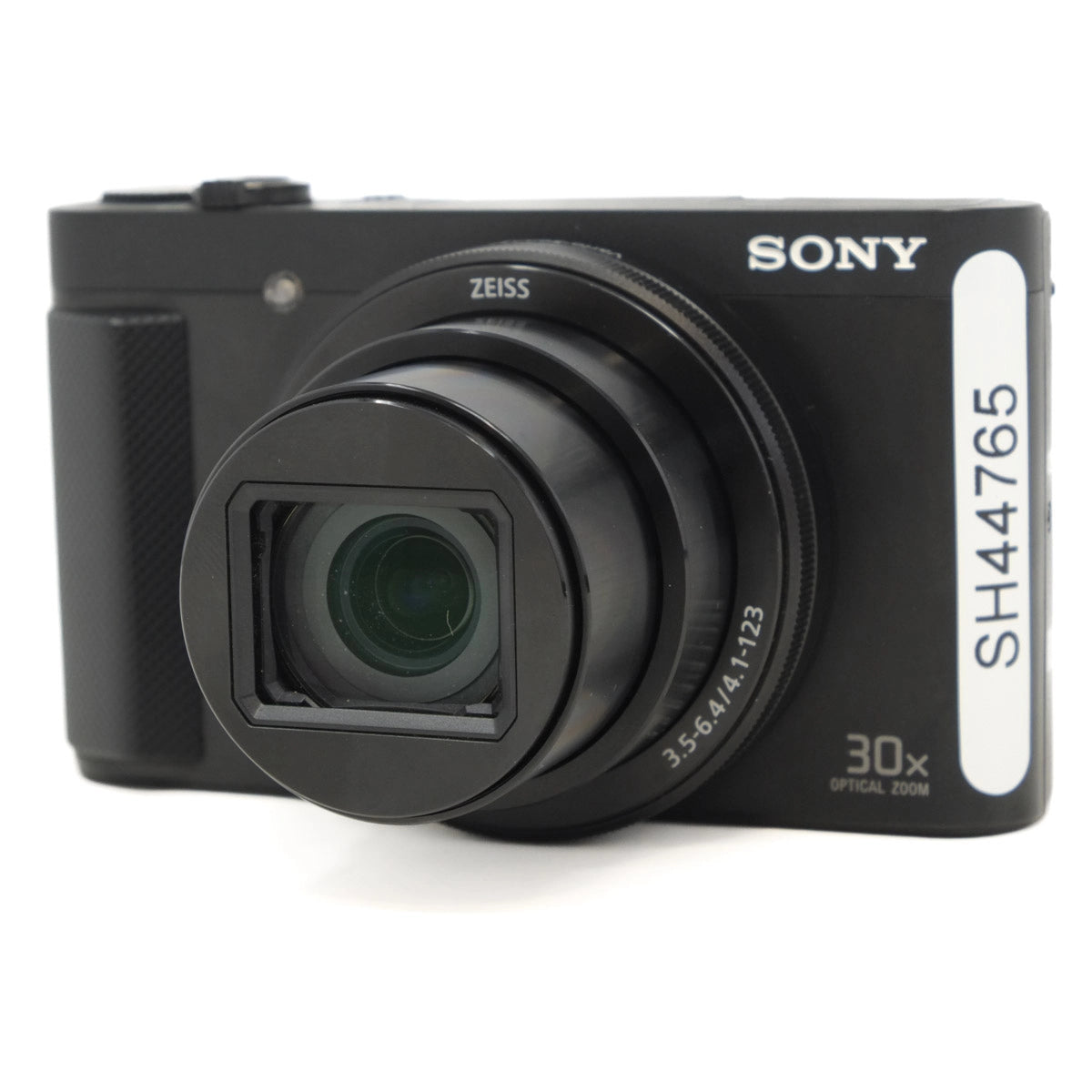 Sony digital camera with lens and brand logo on a white background