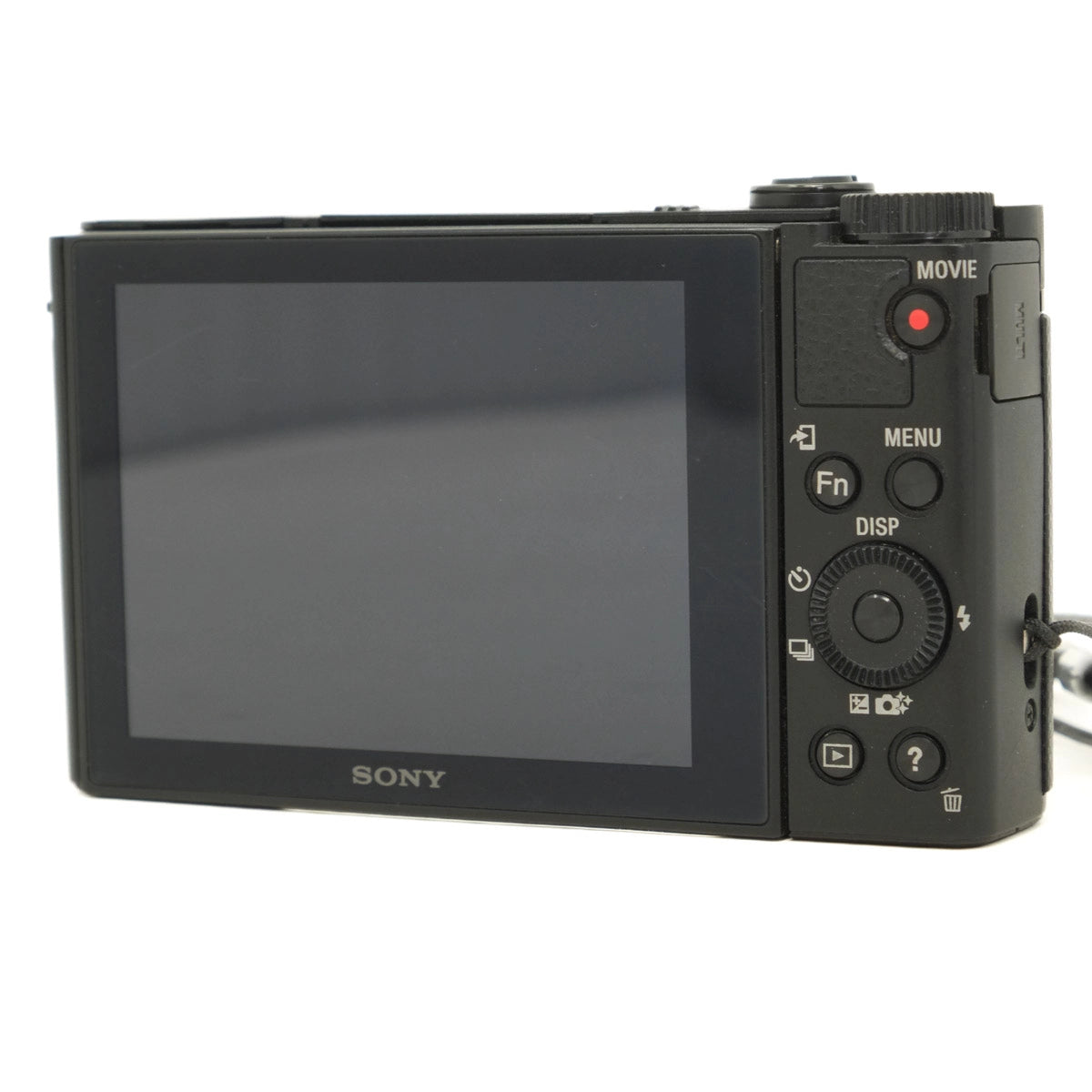 Black Sony camera with screen and control buttons on a white background
