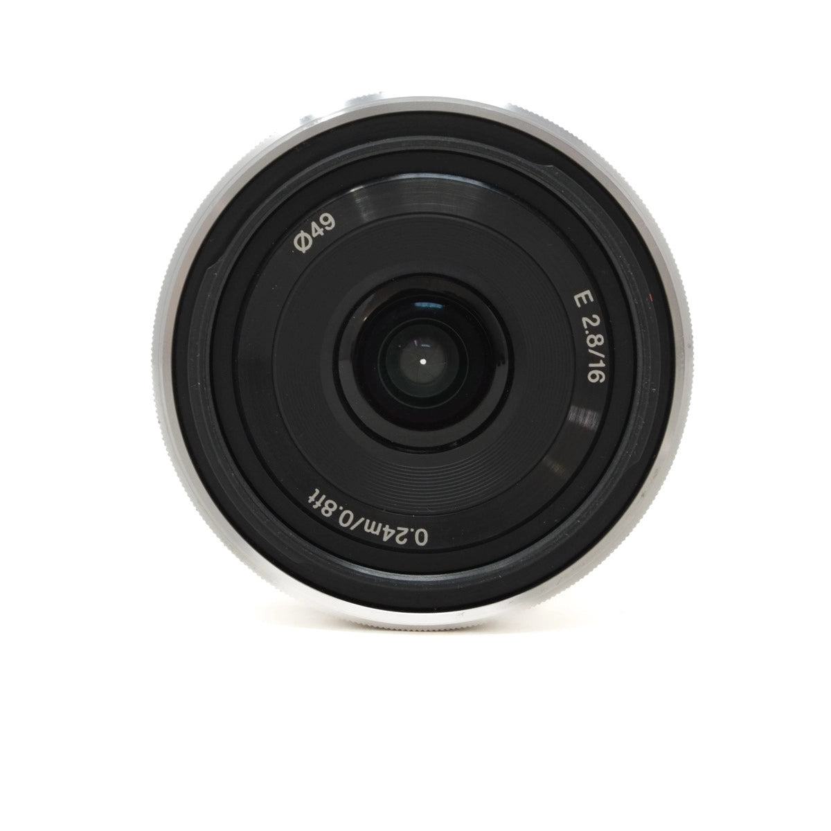 Camera lens with specifications on a white background