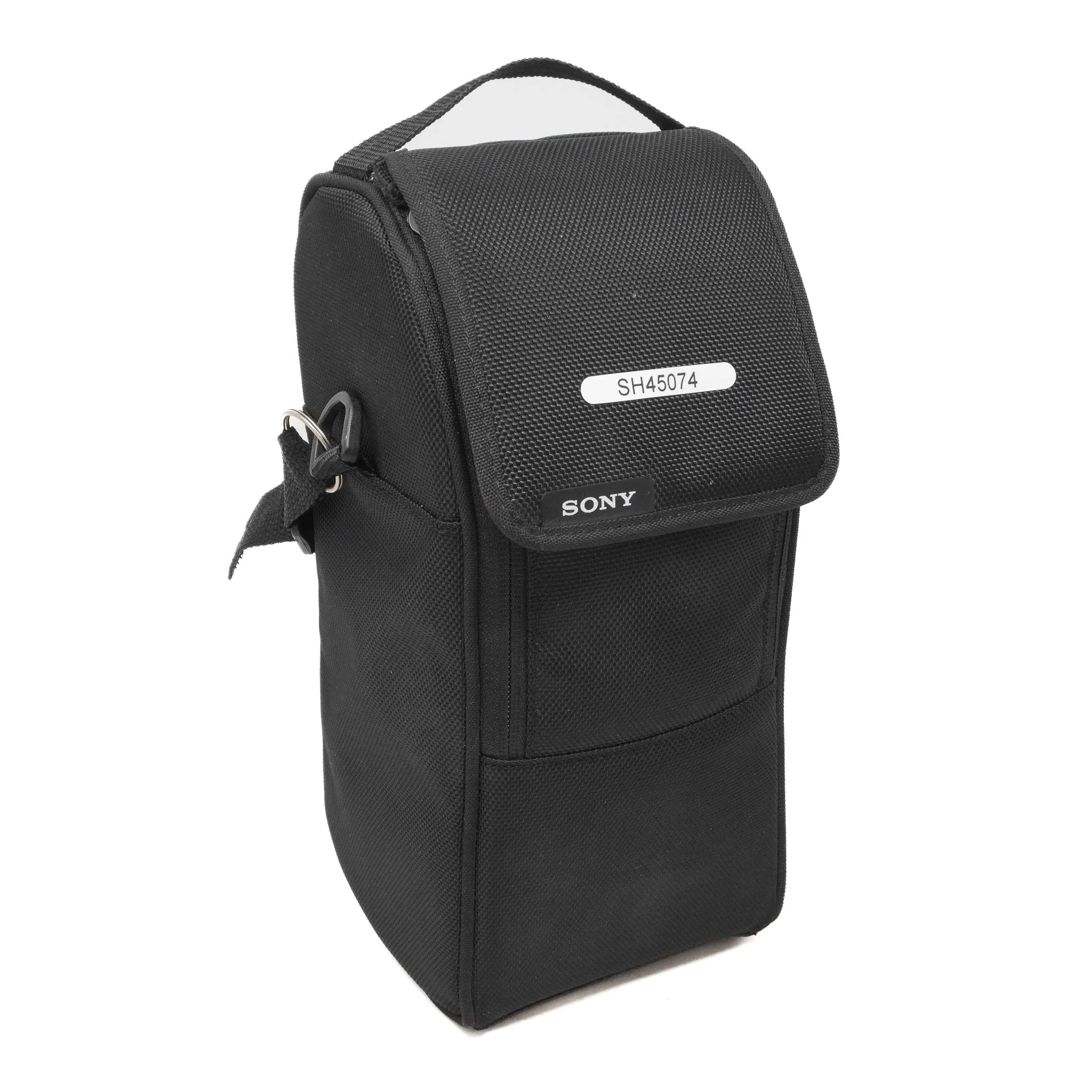 Black Sony camera lens bag on a white background