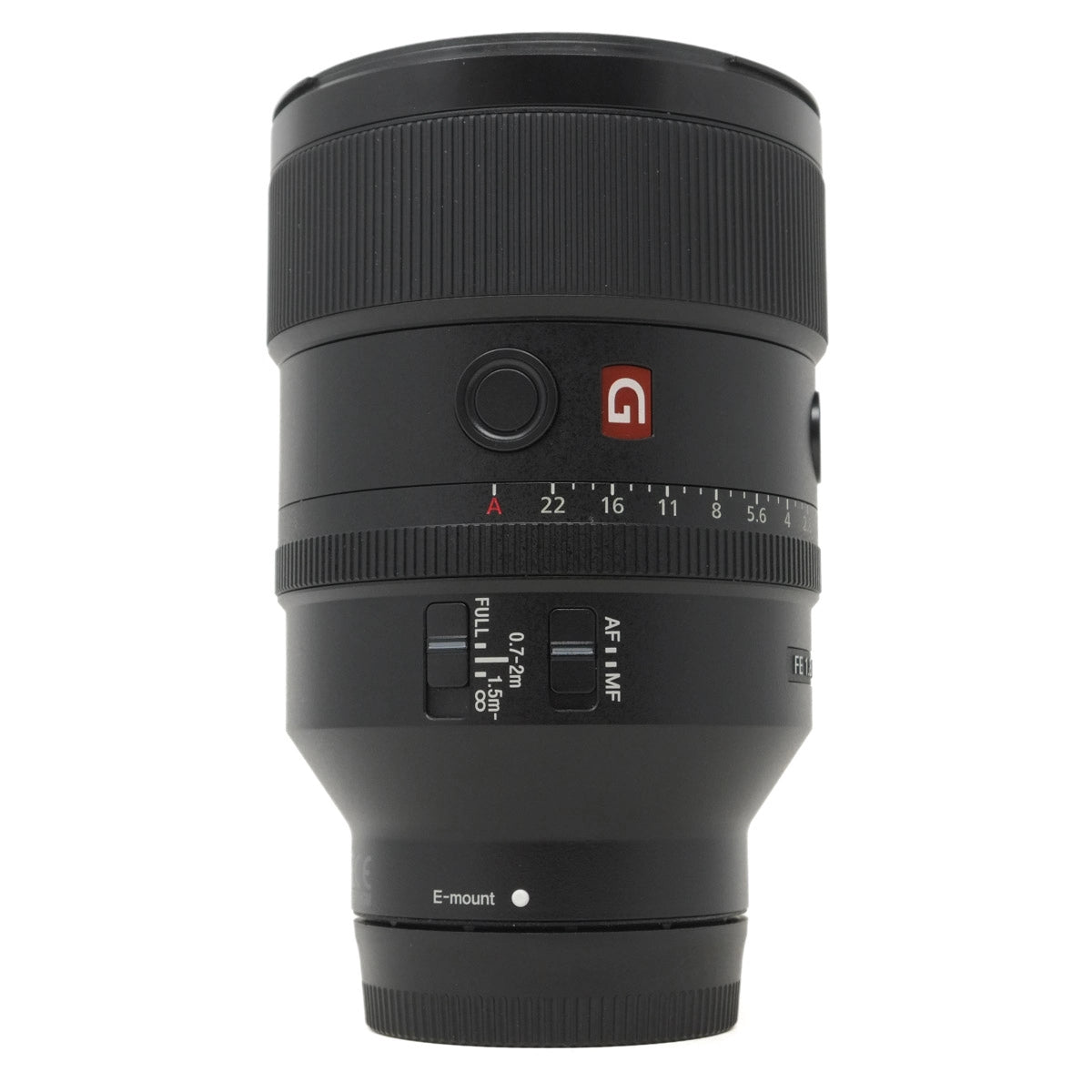 Camera lens with brand logo on a white background
