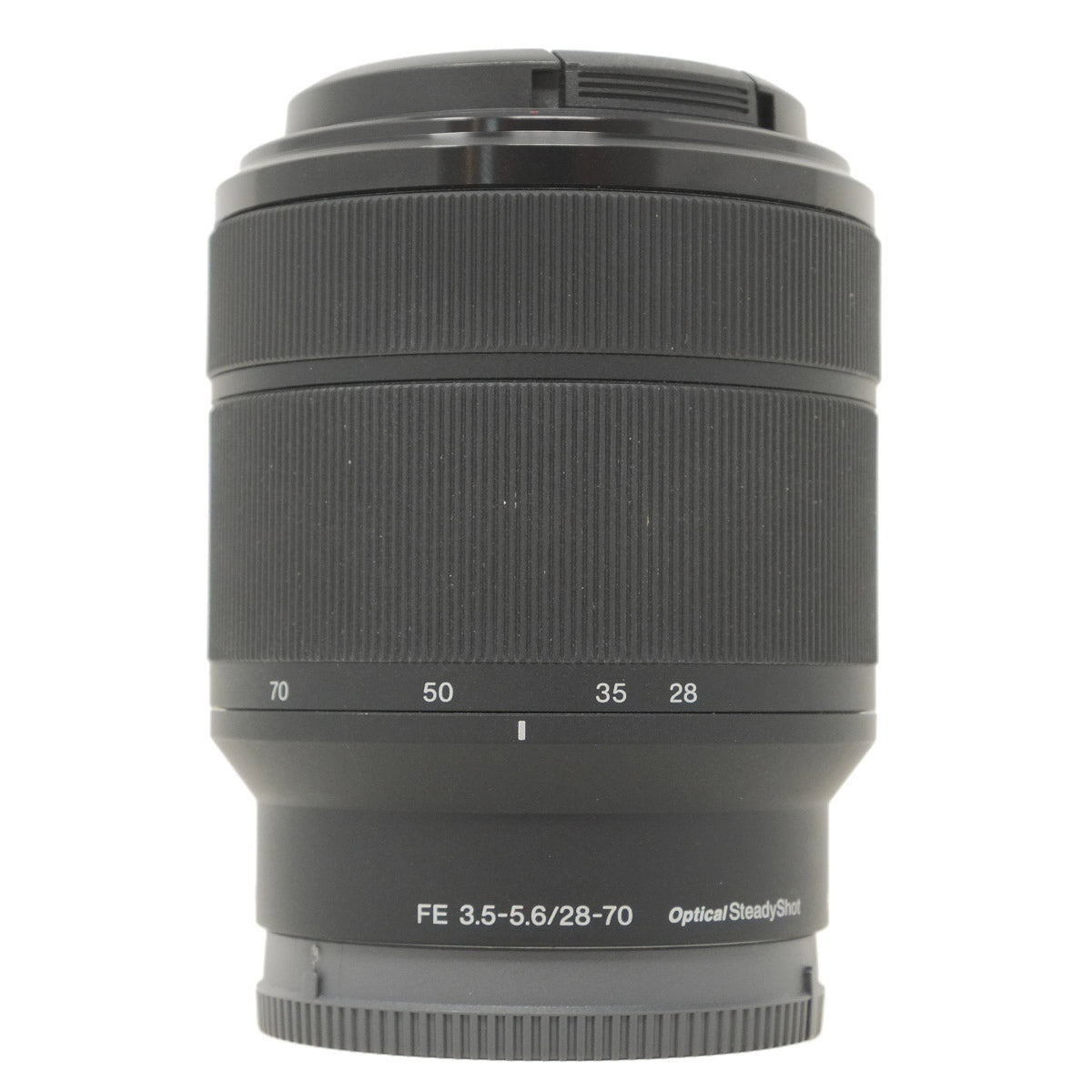 Camera lens with focus scale and specifications on a white background