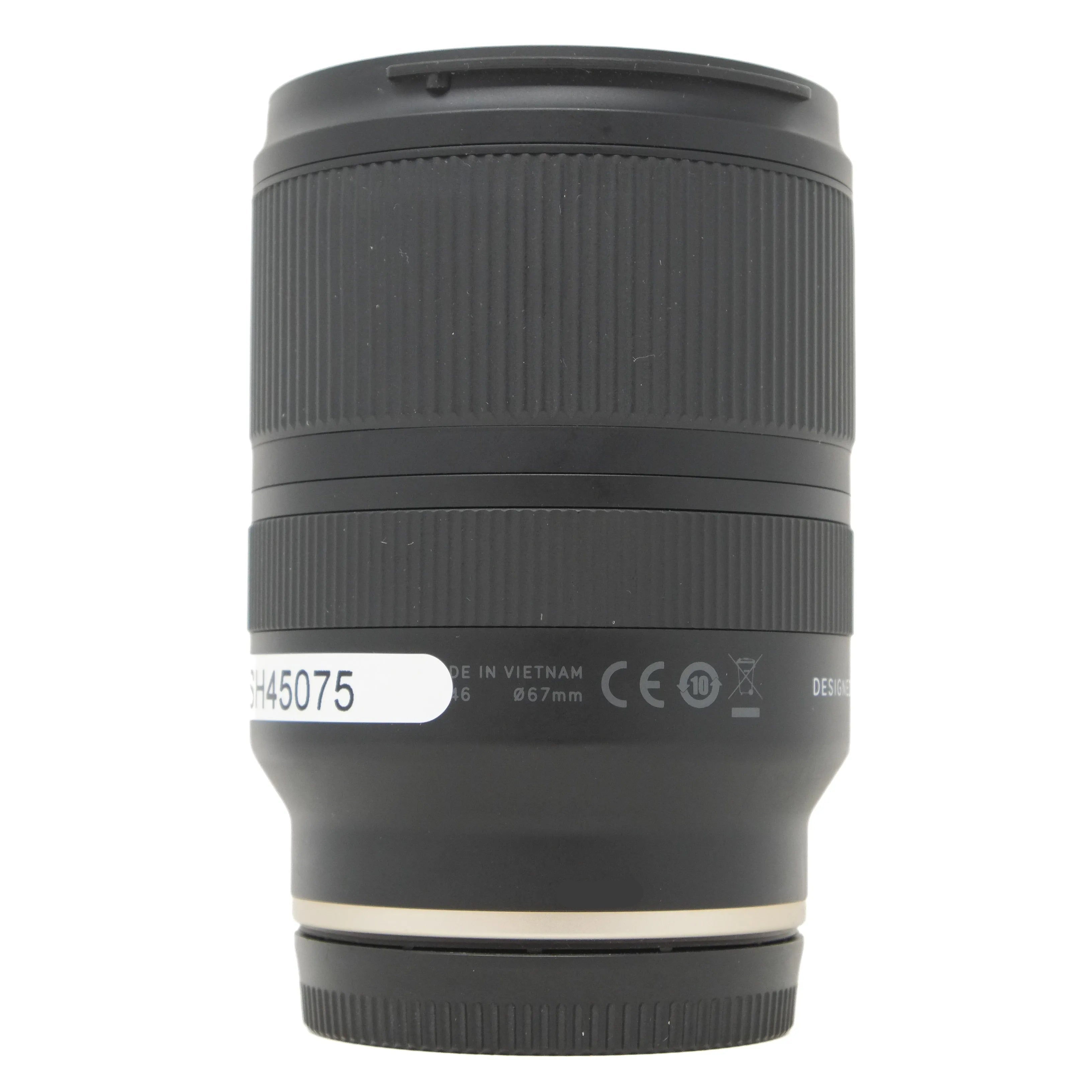 Camera lens with visible branding and model number on a white background