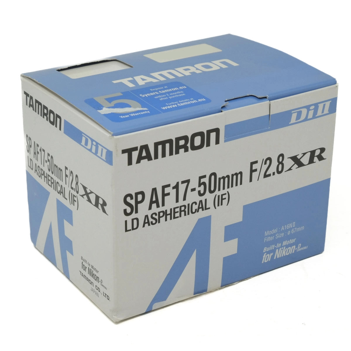 Tamron SP AF17-50mm F/2.8 XR camera lens packaging box on a white background