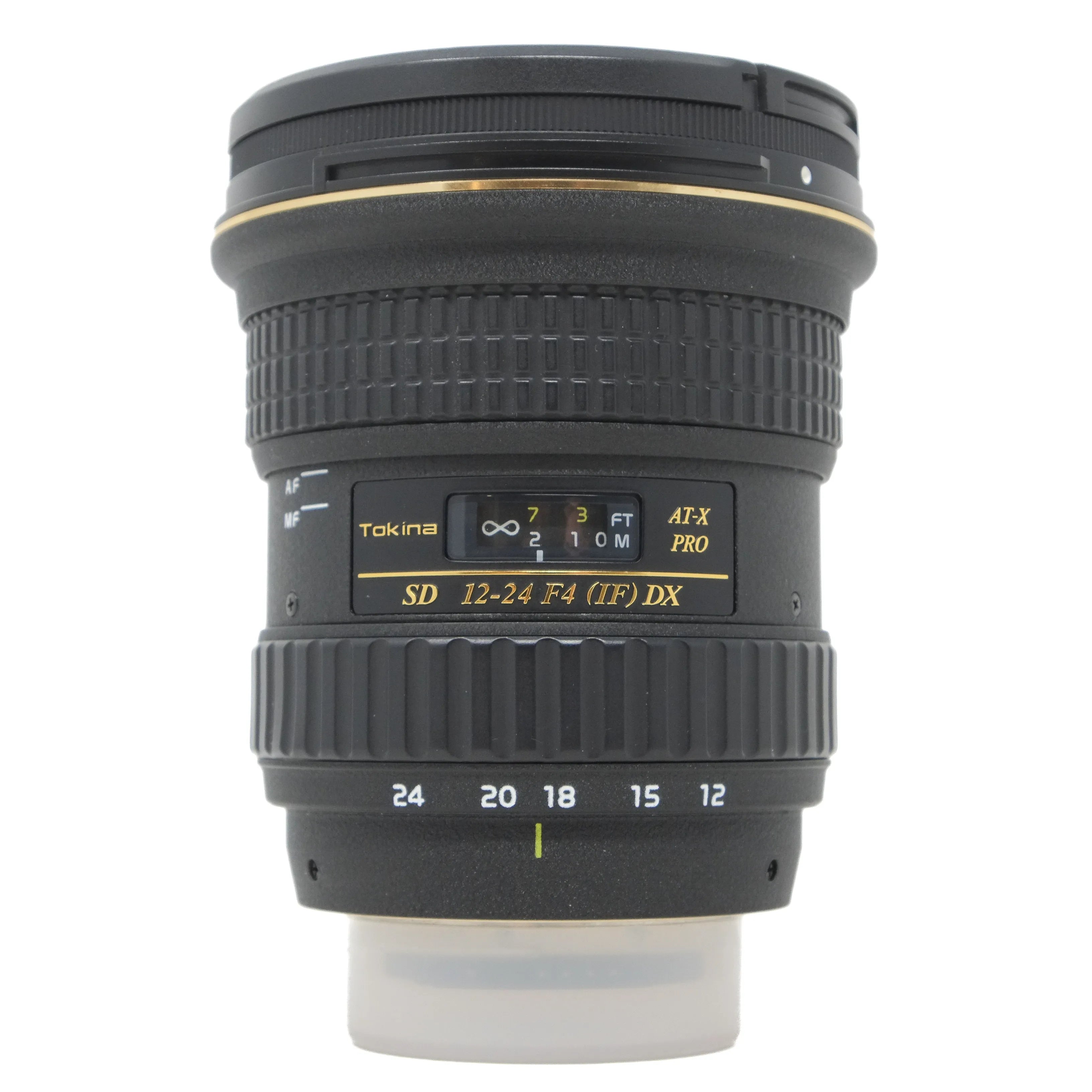Camera lens with brand name on a white background