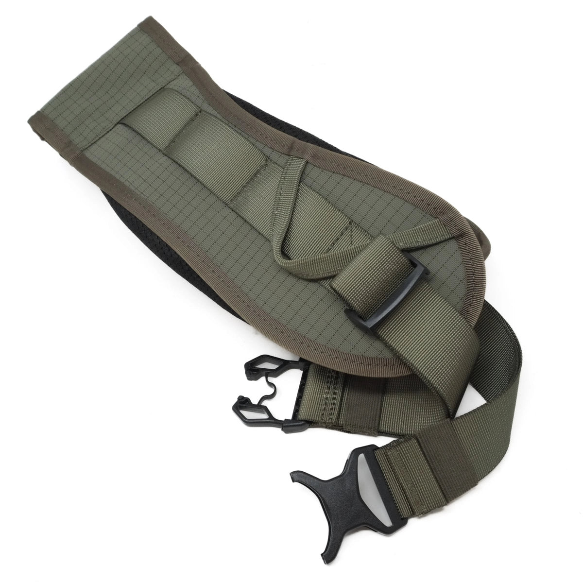 Green tactical belt with black buckles on a white background