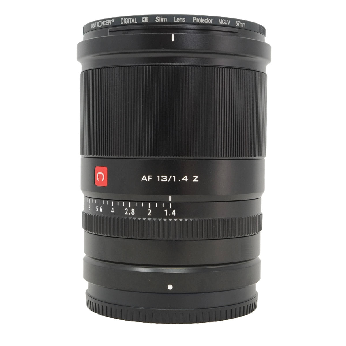 Camera lens with focus scale and brand logo on a white background