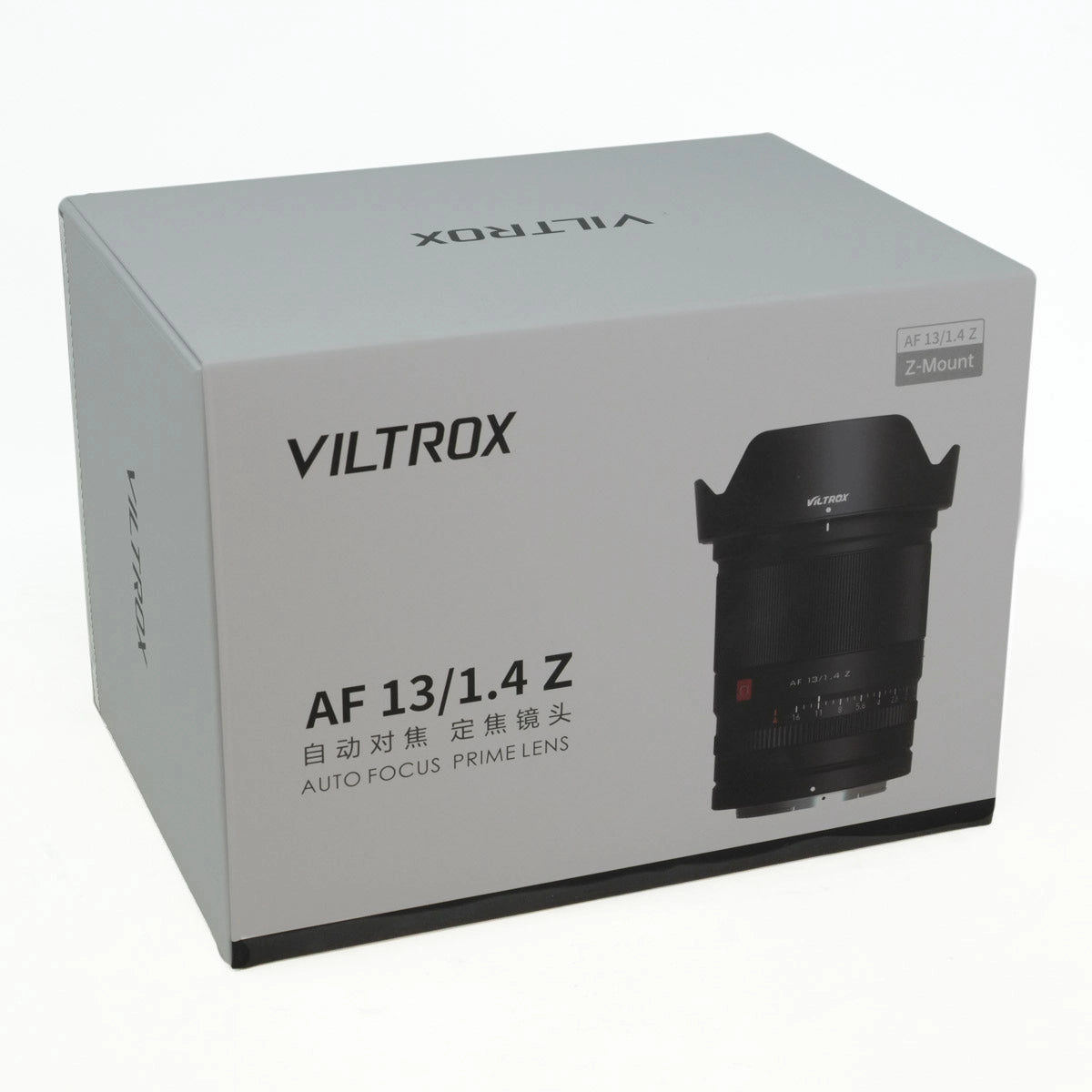Viltrox AF 13/1.4 Z lens packaging on a white background
