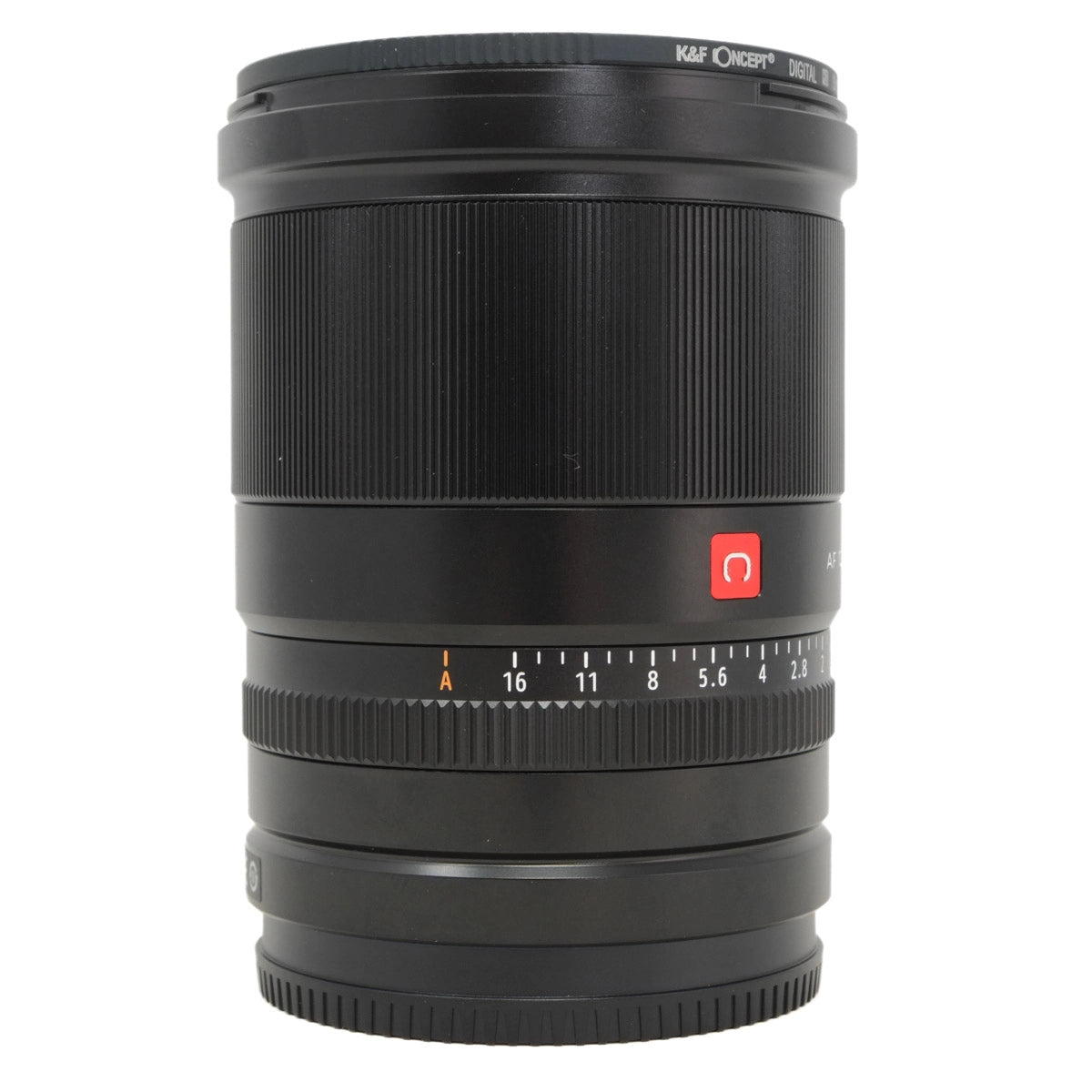 Black camera lens with brand logo on a white background