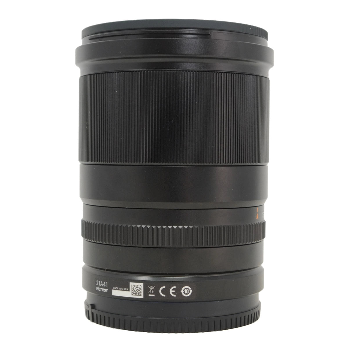 Black camera lens on a white background