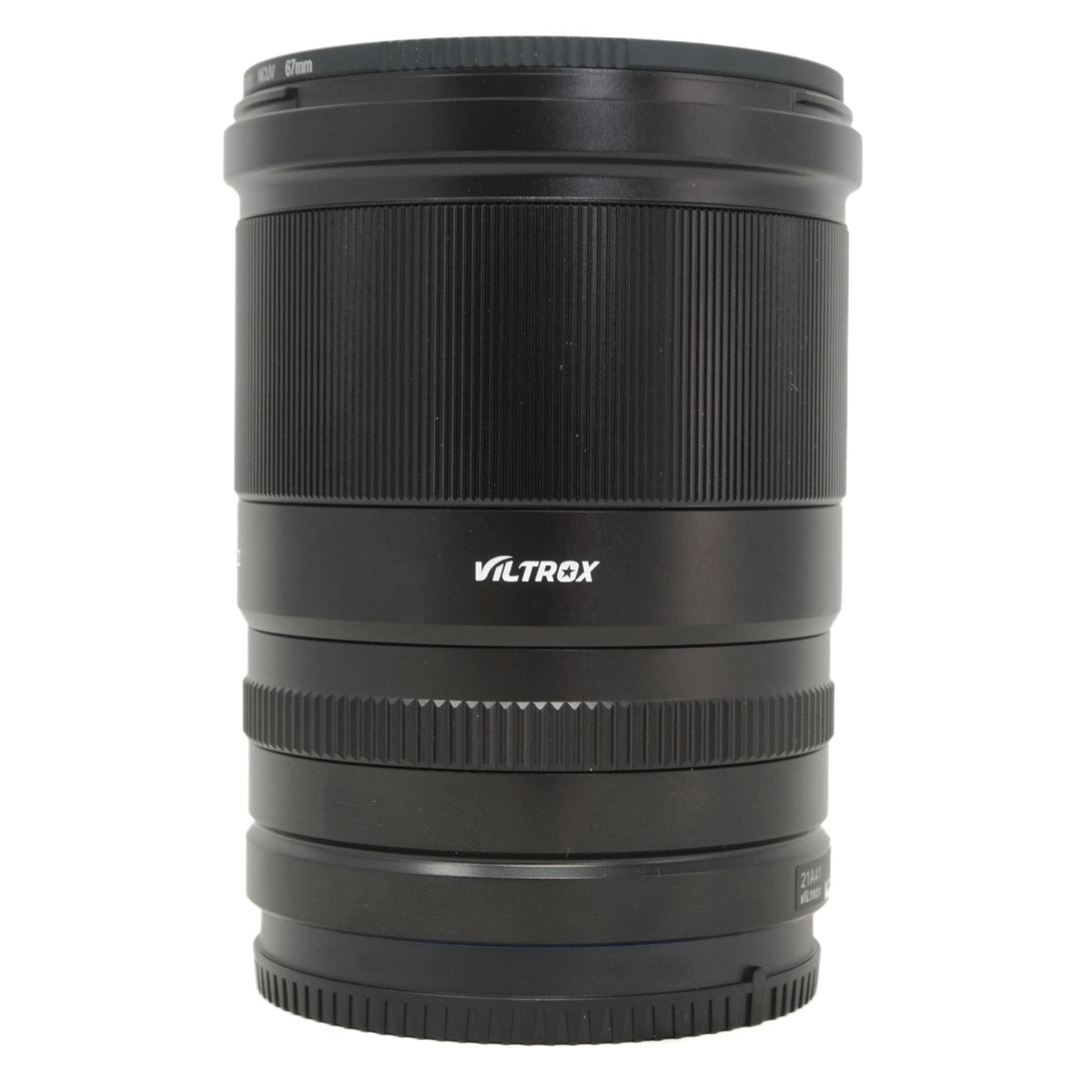 Black camera lens with Viltrox branding on a white background