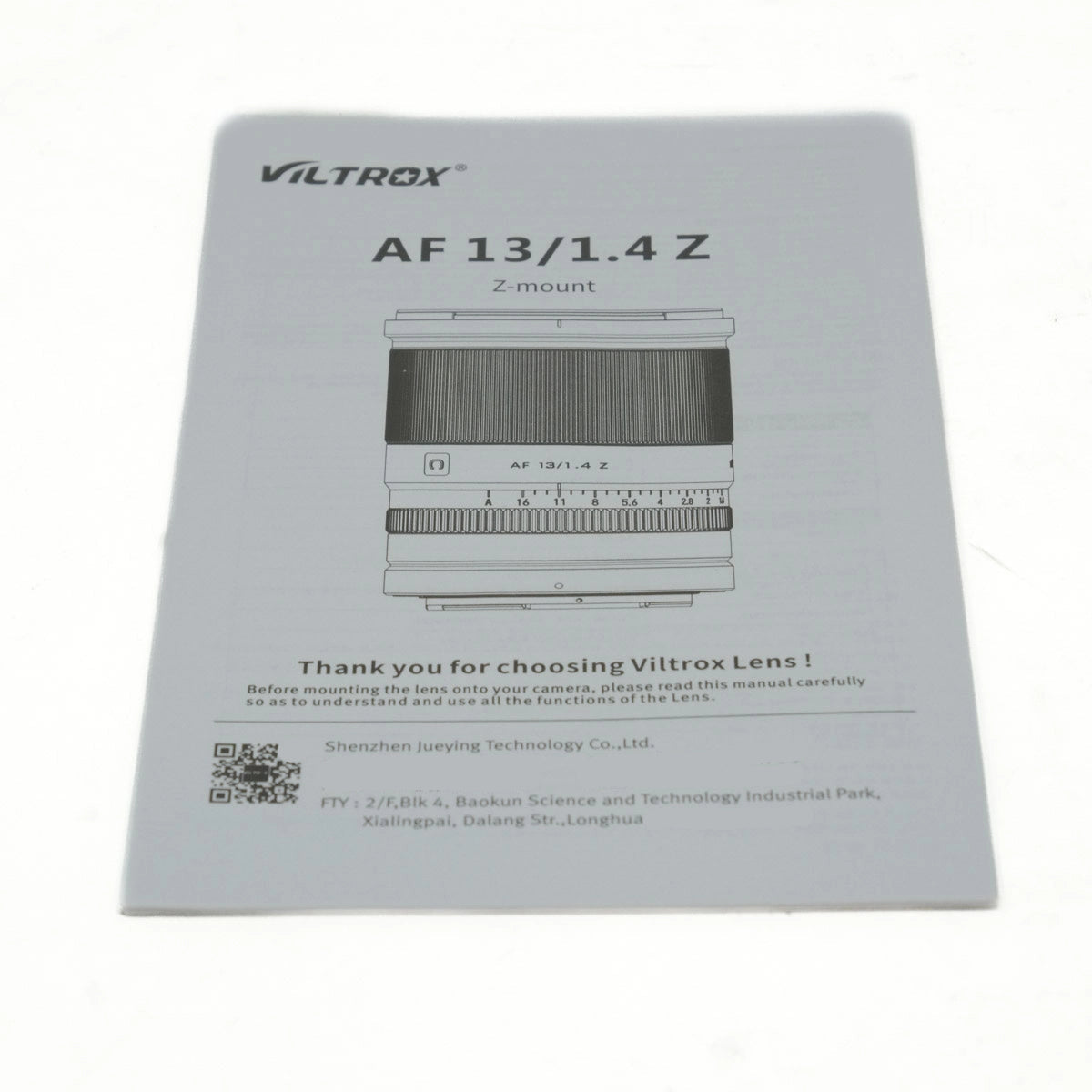 Viltrox lens manual with product details on a white background