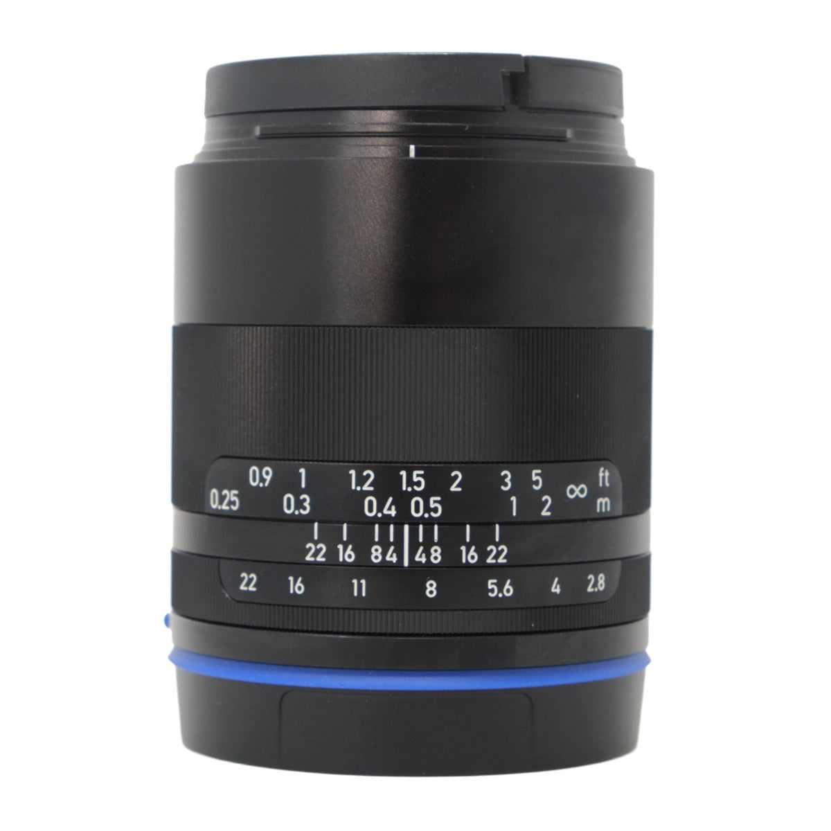 Black camera lens with focus scale on a white background