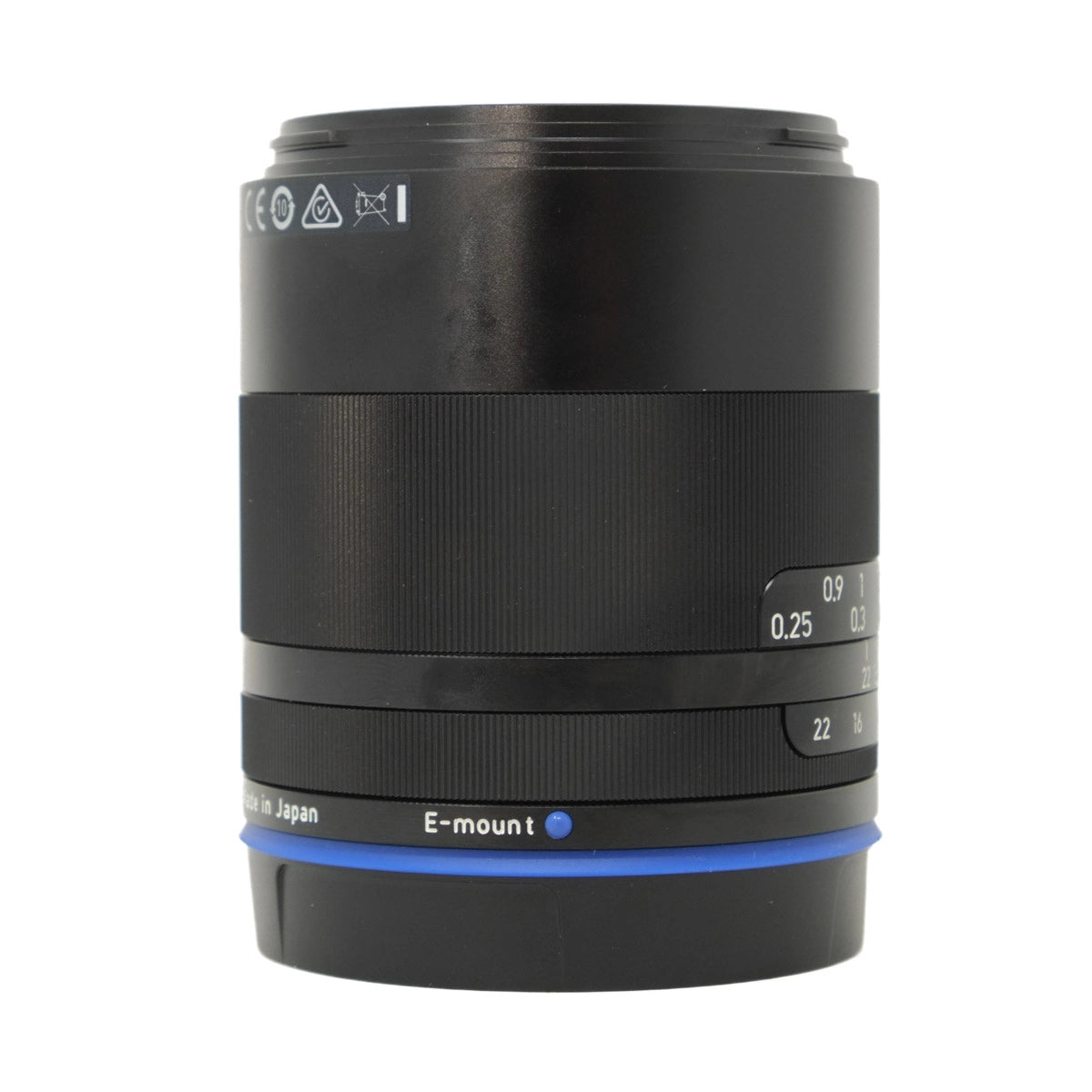 Camera lens with 'E-mount' branding on a white background