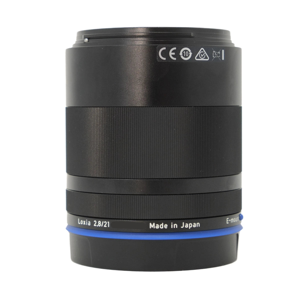 Camera lens with branding and specifications on a white background