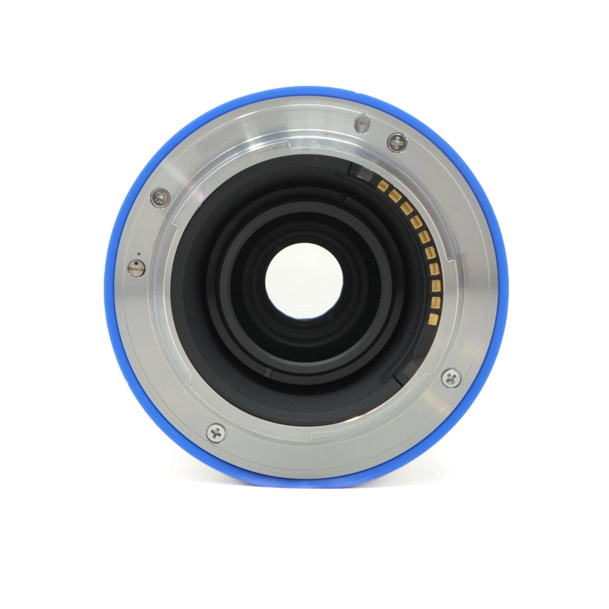 Camera lens with blue and silver metal ring on a white background