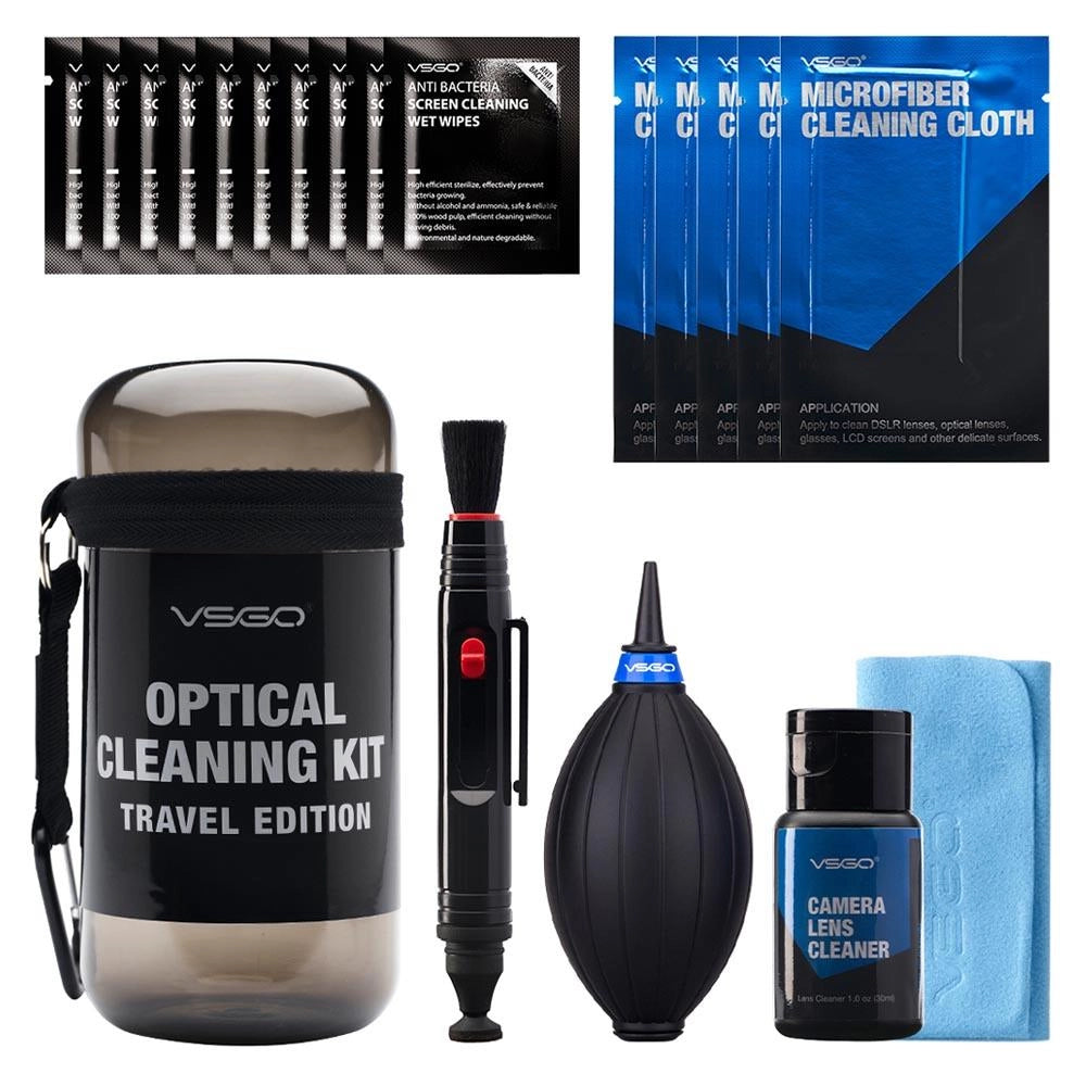 VSGO Optical cleaning kit travel edition-Grey front angle of case and contents