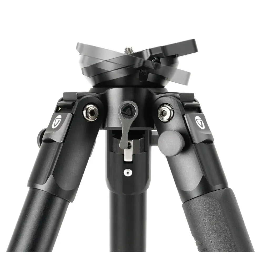 Black tripod with adjustable head on a white background
