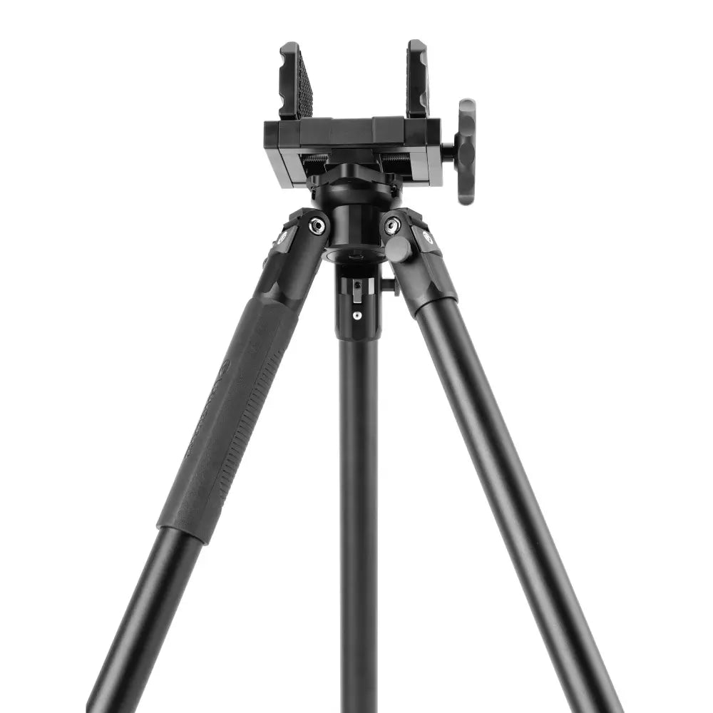 Black tripod with adjustable phone holder on a white background