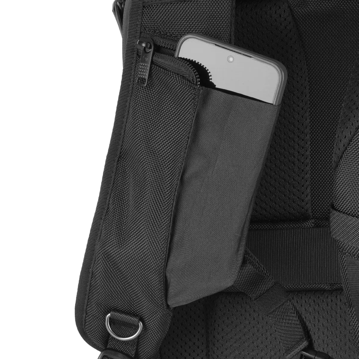 Black backpack with a phone in a pocket on a white background