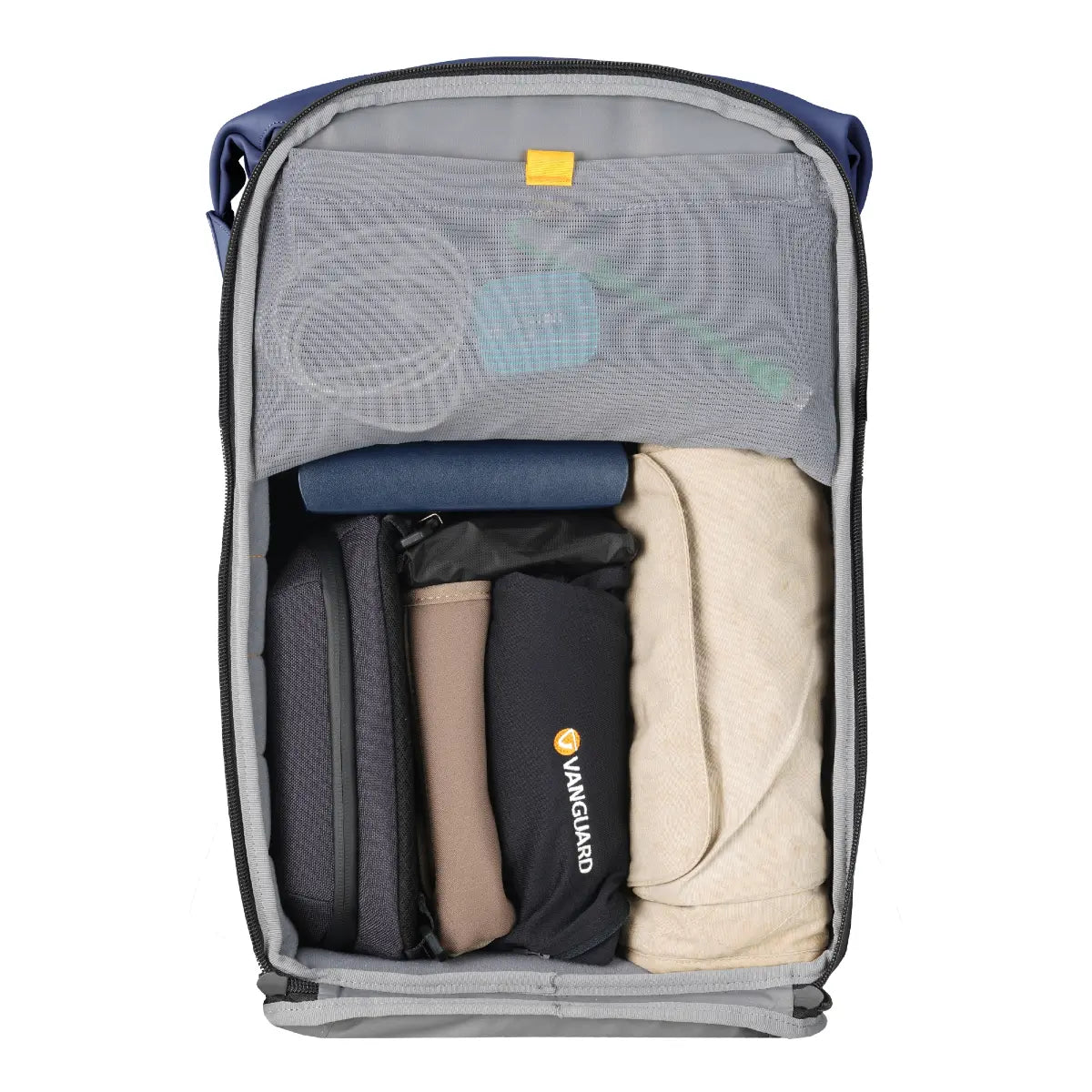 Open backpack with items inside on a white background