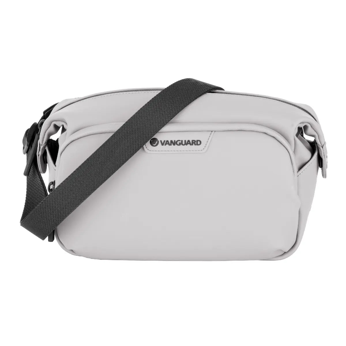 Gray shoulder bag with black strap on a white background, featuring the Vanguard brand.