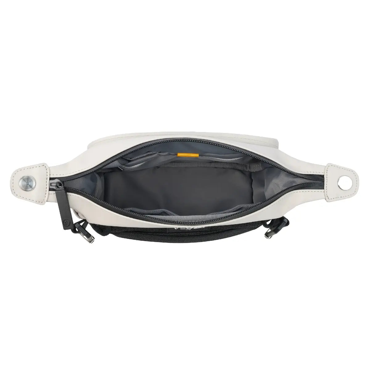 White crossbody bag with a black interior on a white background