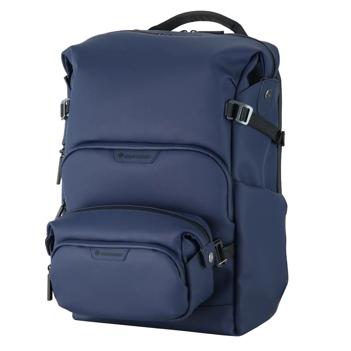 Blue backpack with visible brand logo on a white background