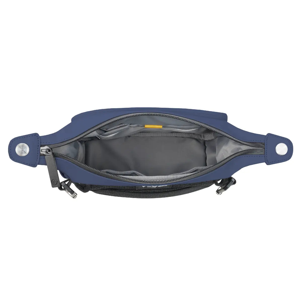 Blue waist bag with open compartment on a white background