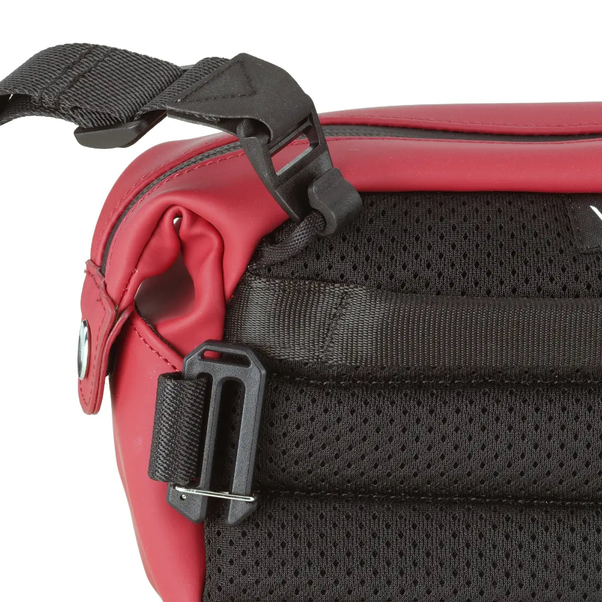 Red bag with black straps and mesh pocket on a white background
