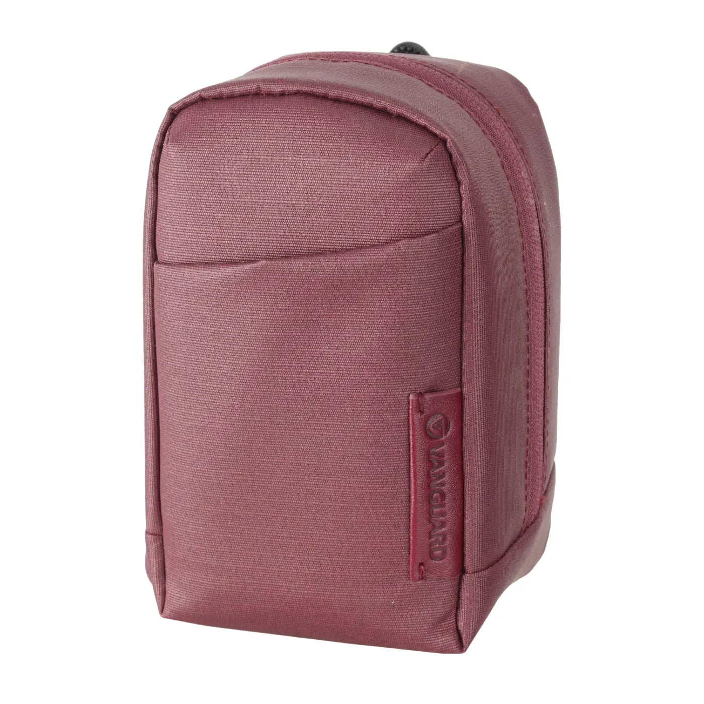 Pink travel pouch with a brand logo on a white background