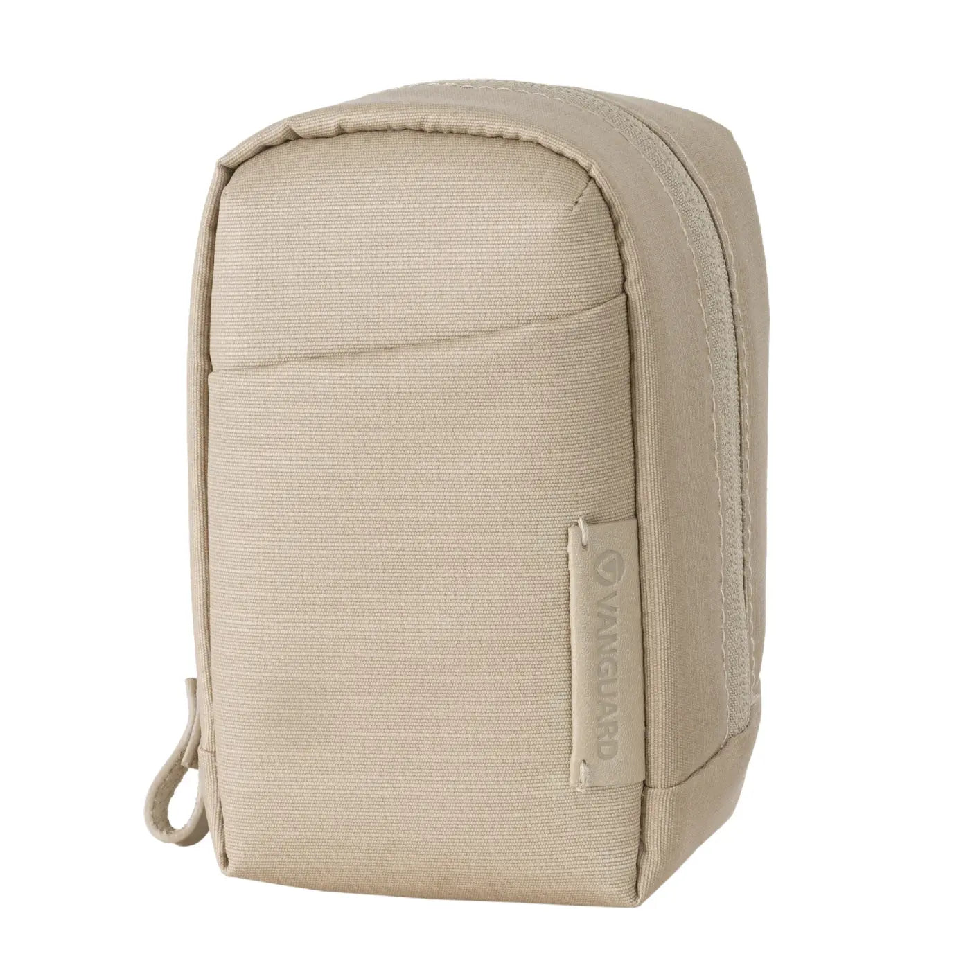 Beige tactical pouch with a visible brand logo on a white background