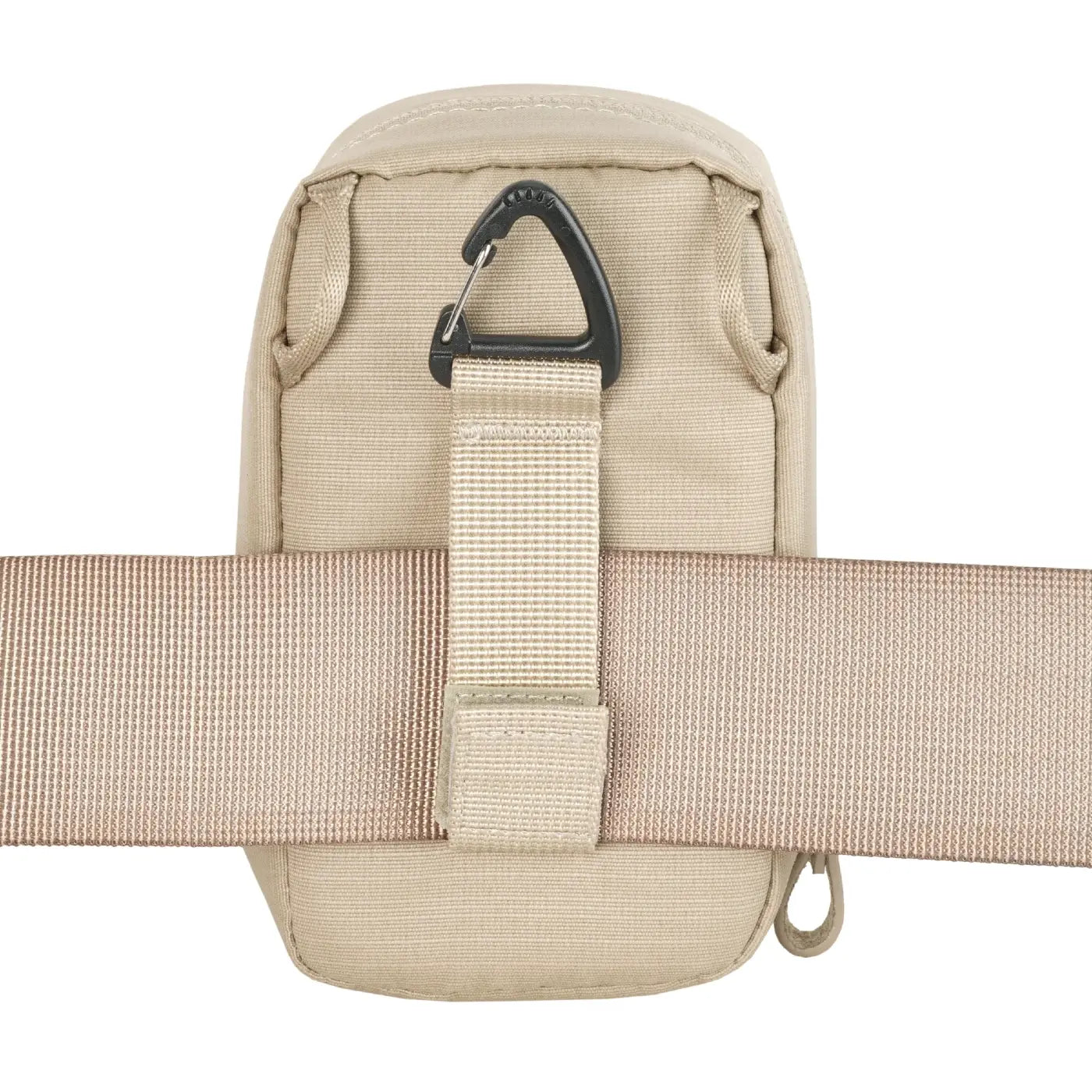 Beige pouch with a strap and carabiner on a white background