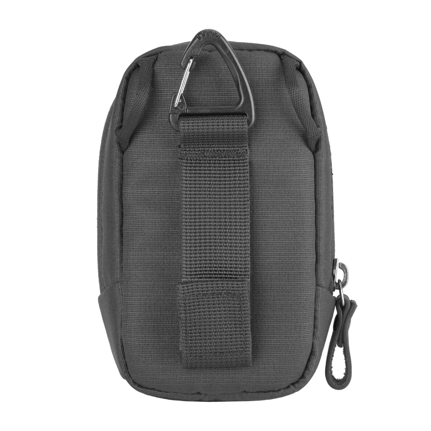 Black tactical pouch with a strap on a white background