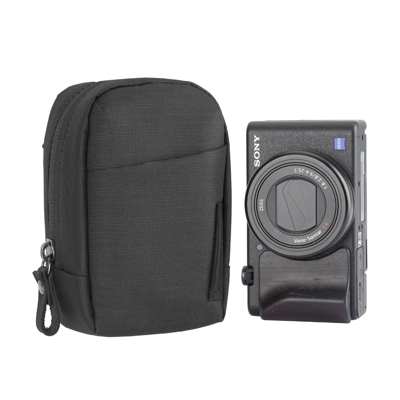 Black camera case and Sony camera on a white background