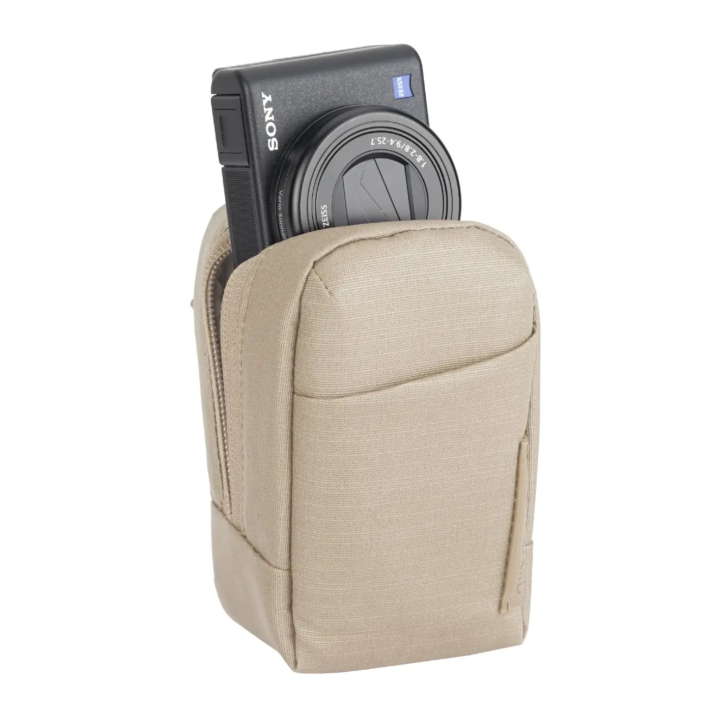 Camera in a beige case on a white background
