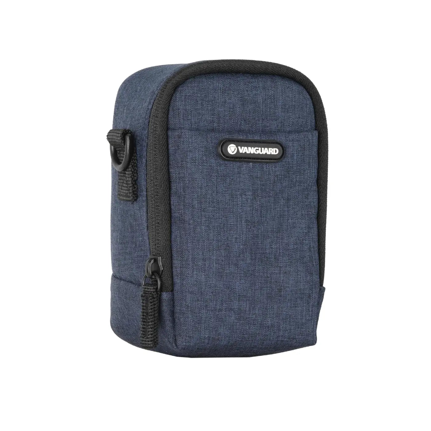 Blue camera case with black trim and Vanguard logo on a white background