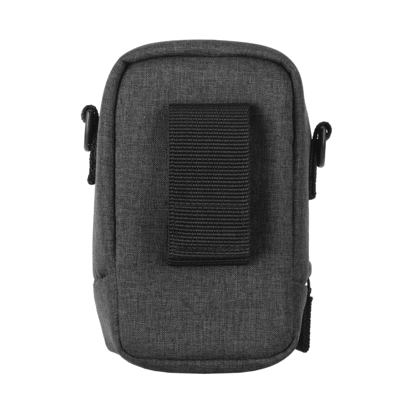 Gray pouch with a black patch on a white background