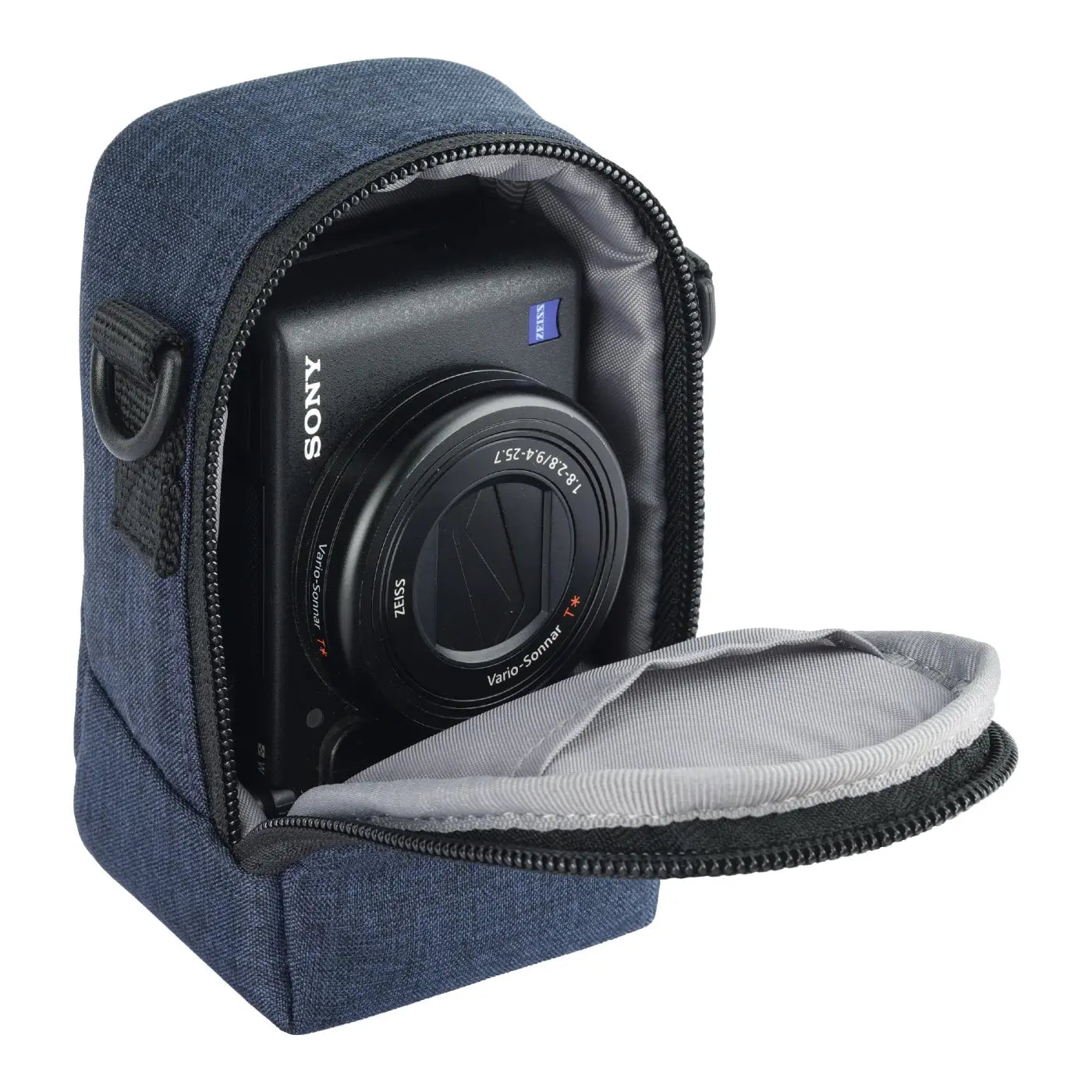 Sony camera in a blue carrying case on a white background