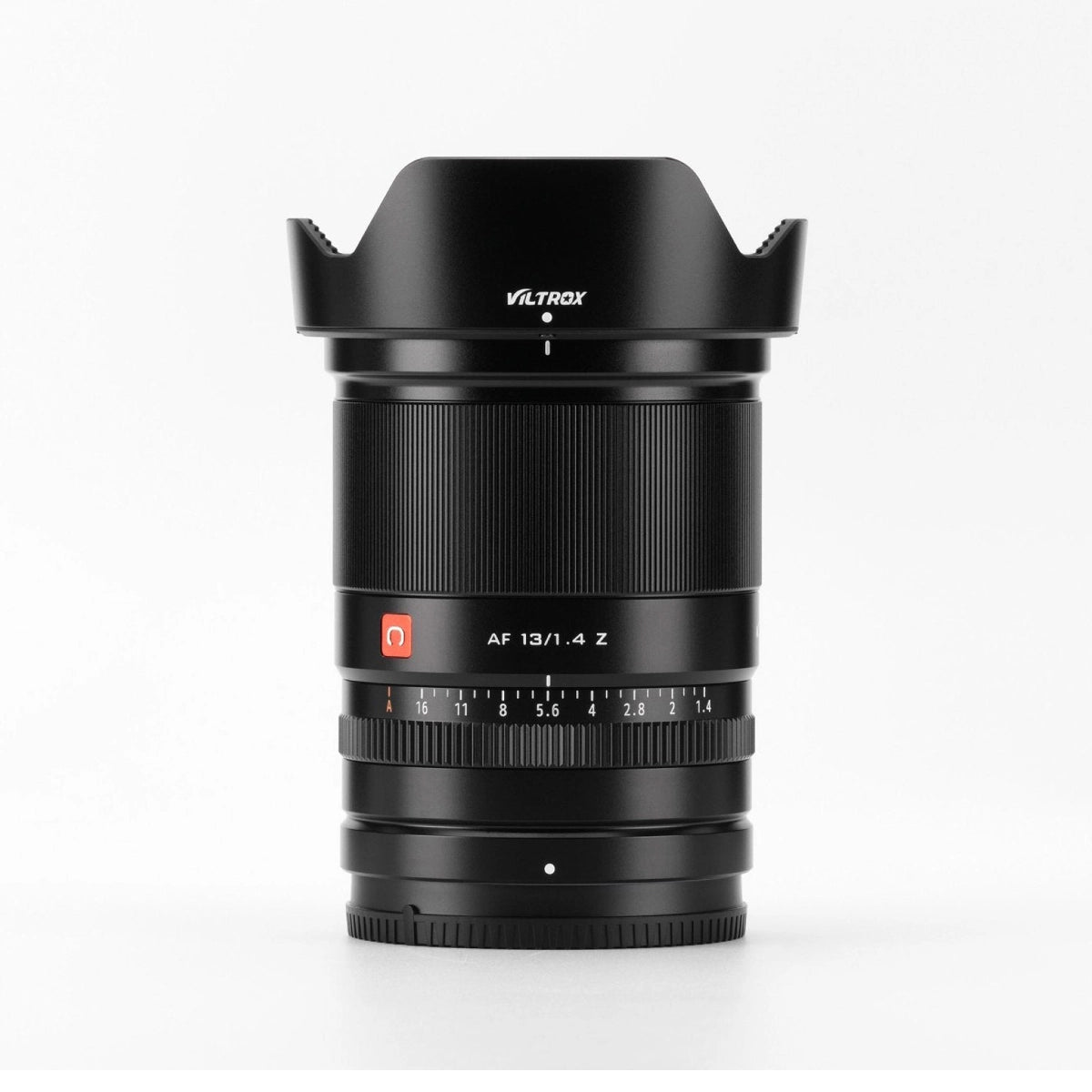 Viltrox 13mm F1.4 AF Nikon Z Mount Lens top angle wth lens hood attached