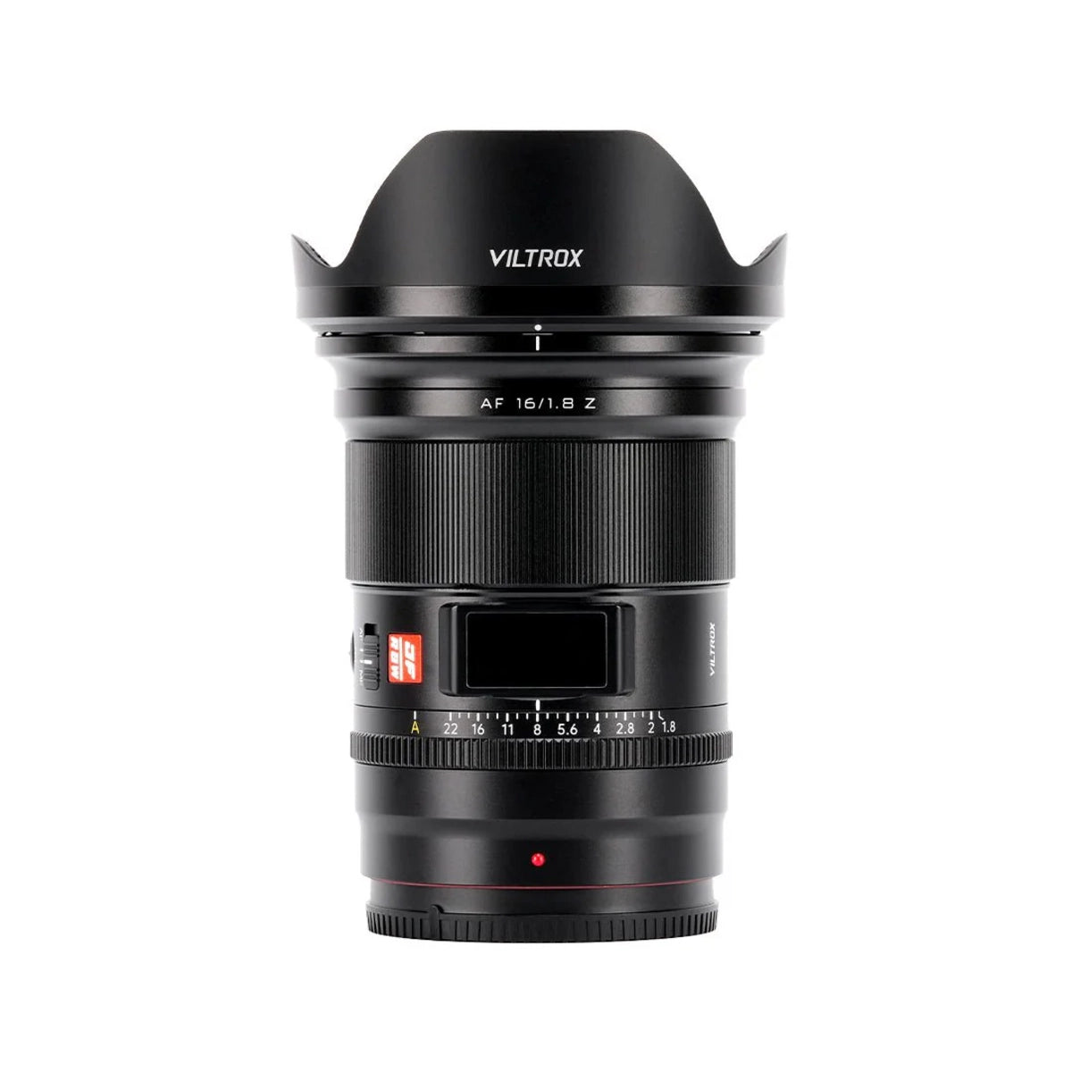 Viltrox 16mm f1.8 nikon z lens top angle with lens hood
